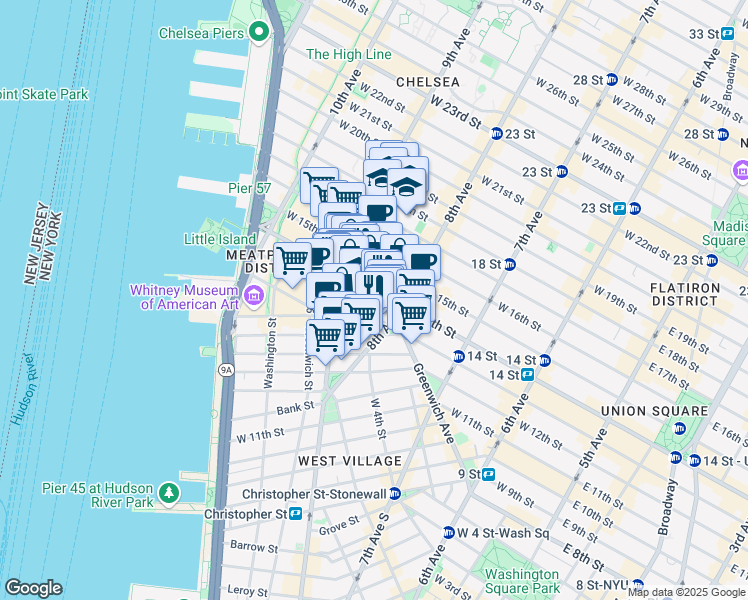 map of restaurants, bars, coffee shops, grocery stores, and more near 2 Gansevoort Street in New York