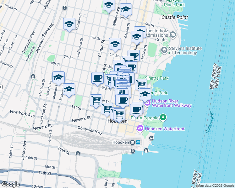 map of restaurants, bars, coffee shops, grocery stores, and more near 235 Bloomfield Street in Hoboken