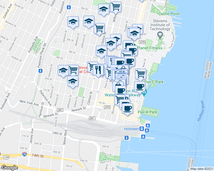 map of restaurants, bars, coffee shops, grocery stores, and more near 223 Park Avenue in Hoboken