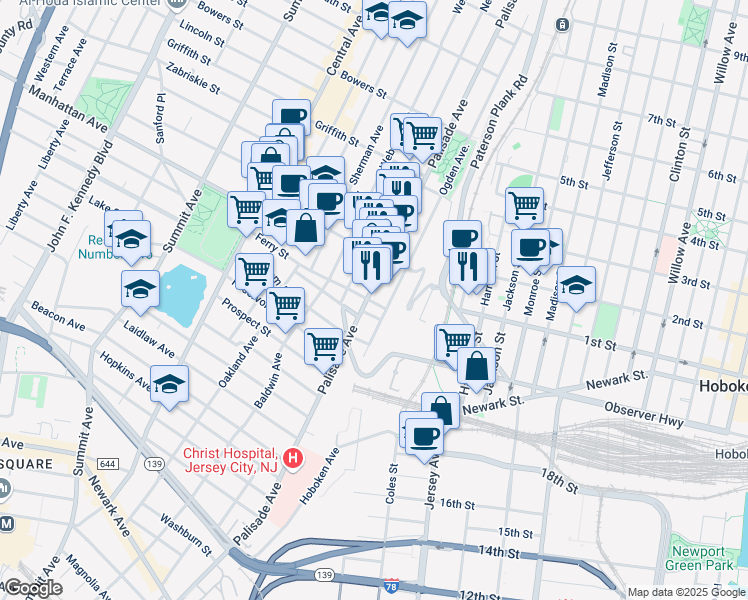 map of restaurants, bars, coffee shops, grocery stores, and more near 161 Ogden Avenue in Jersey City
