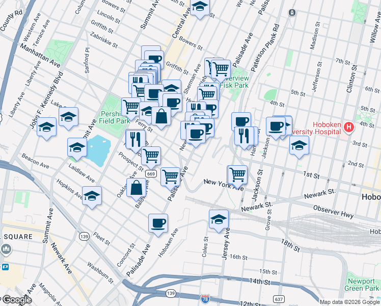 map of restaurants, bars, coffee shops, grocery stores, and more near 325 Palisade Avenue in Jersey City