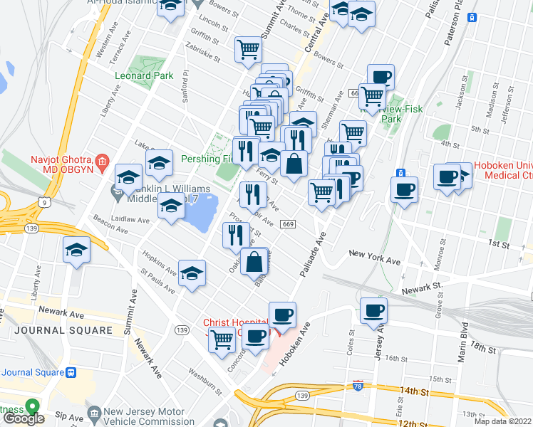 map of restaurants, bars, coffee shops, grocery stores, and more near 91 Booraem Avenue in Jersey City