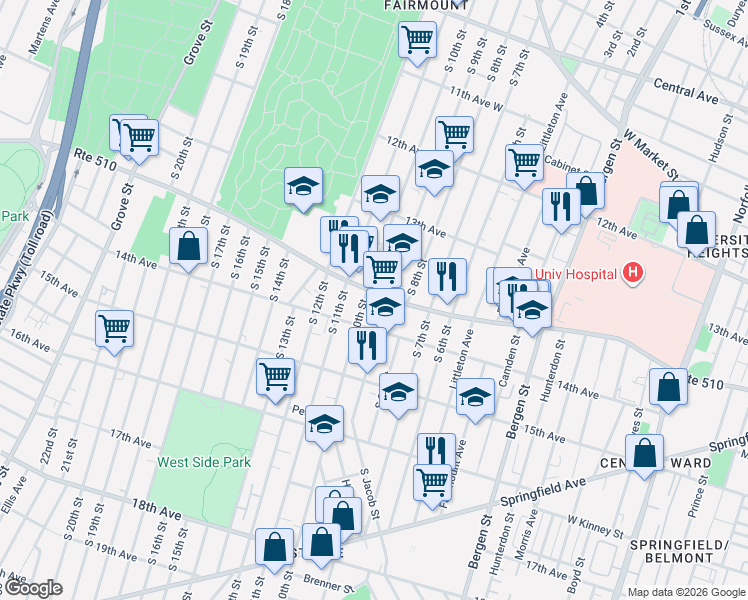 map of restaurants, bars, coffee shops, grocery stores, and more near in Newark