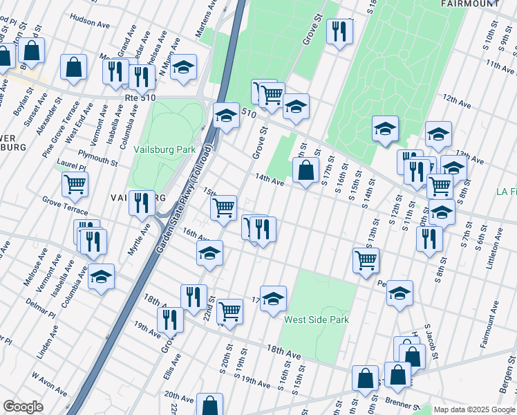 map of restaurants, bars, coffee shops, grocery stores, and more near 495 South 20th Street in Irvington