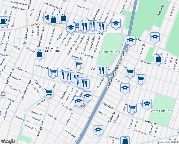 map of restaurants, bars, coffee shops, grocery stores, and more near 153 South Munn Avenue in Newark