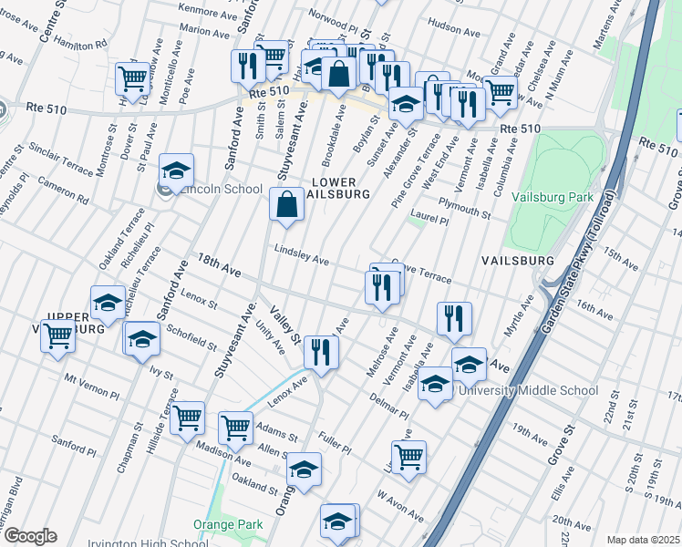 map of restaurants, bars, coffee shops, grocery stores, and more near 78 Lindsley Avenue in Newark