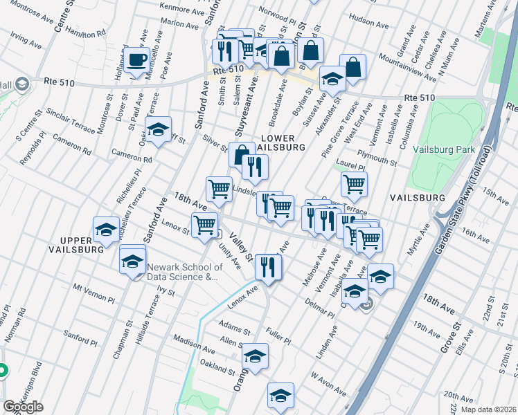 map of restaurants, bars, coffee shops, grocery stores, and more near 180 Brookdale Avenue in Newark