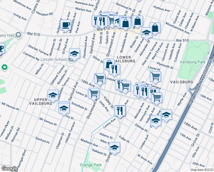 map of restaurants, bars, coffee shops, grocery stores, and more near 183 Norwood Street in Newark