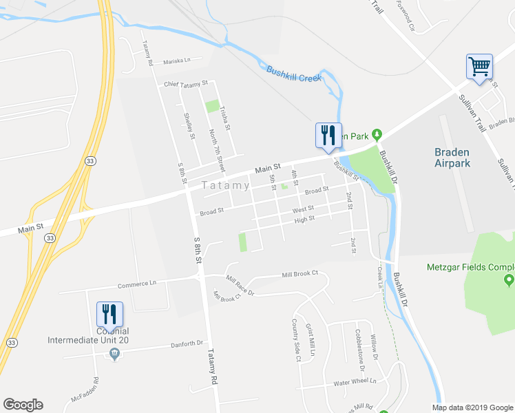 map of restaurants, bars, coffee shops, grocery stores, and more near 550 Broad Street in Tatamy