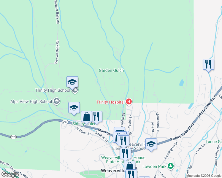 map of restaurants, bars, coffee shops, grocery stores, and more near 300-326 Ridge Road in Weaverville
