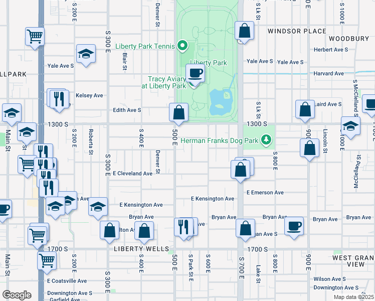 map of restaurants, bars, coffee shops, grocery stores, and more near 1368 Park Street East in Salt Lake City