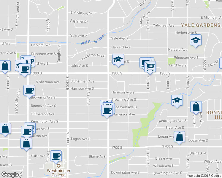 map of restaurants, bars, coffee shops, grocery stores, and more near 1375 South 1500 East in Salt Lake City