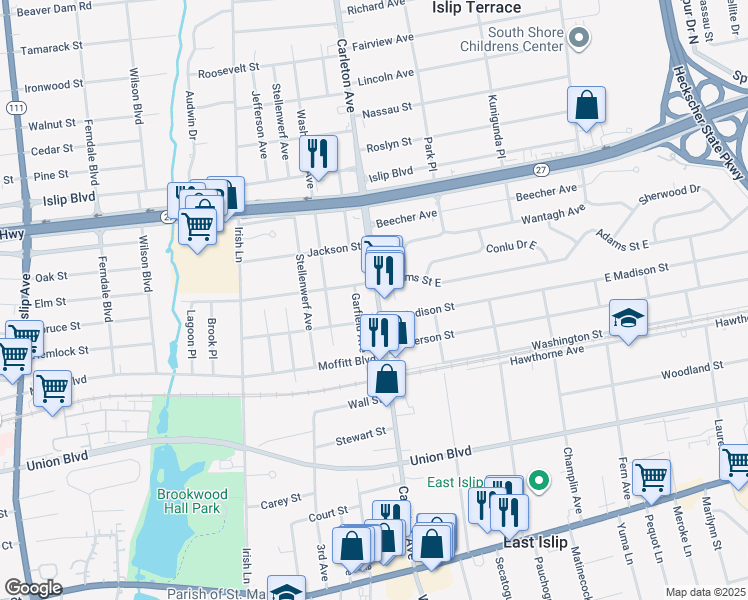 map of restaurants, bars, coffee shops, grocery stores, and more near 190 Carleton Avenue in East Islip