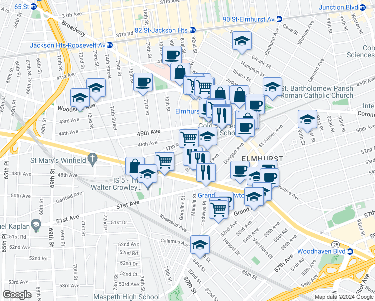 map of restaurants, bars, coffee shops, grocery stores, and more near 4520 Queens Boulevard in Queens