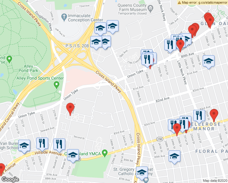 map of restaurants, bars, coffee shops, grocery stores, and more near 80-30 Cross Island Parkway in Queens