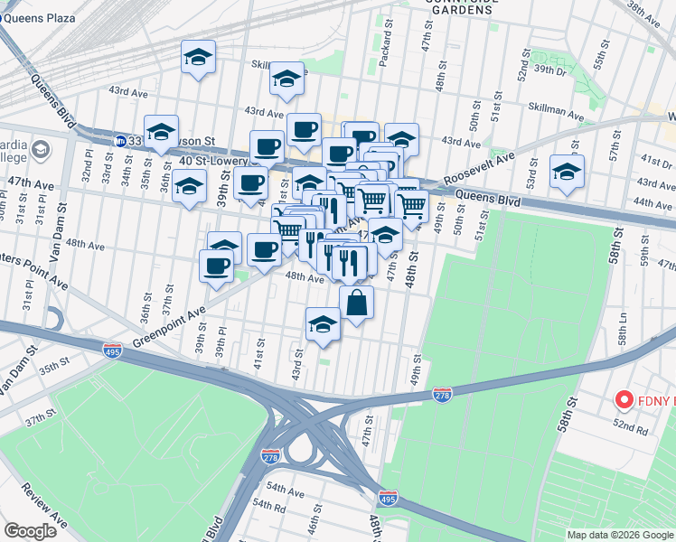 map of restaurants, bars, coffee shops, grocery stores, and more near 47-46 44th Street in Queens