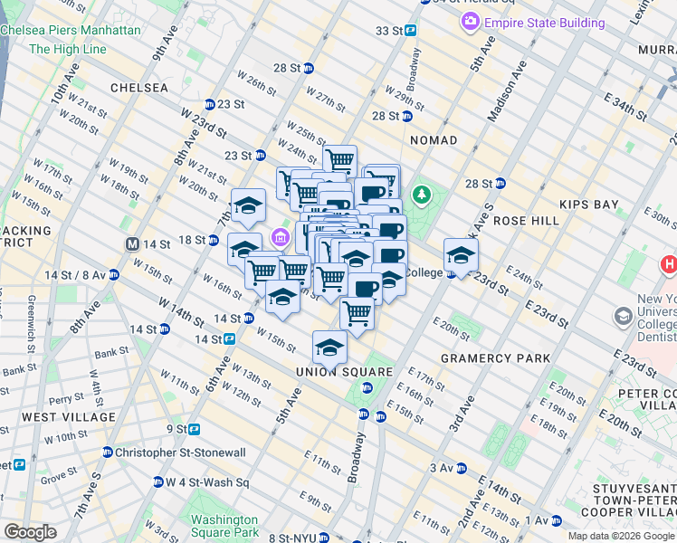 map of restaurants, bars, coffee shops, grocery stores, and more near 20 West 20th Street in New York