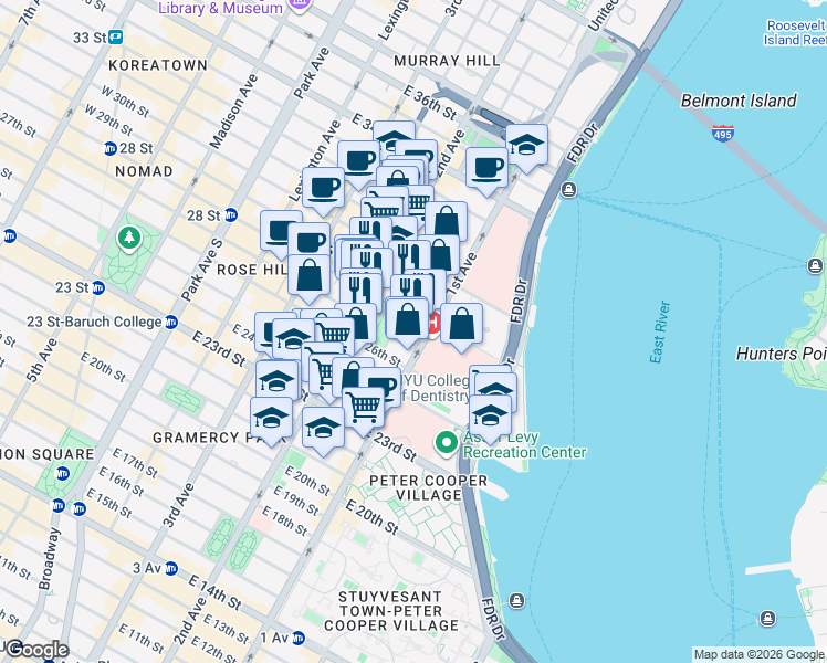 map of restaurants, bars, coffee shops, grocery stores, and more near 463-477 1st Avenue in New York