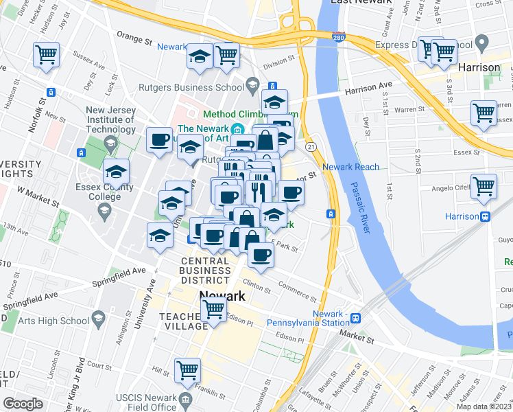 map of restaurants, bars, coffee shops, grocery stores, and more near 10 New Street in Newark