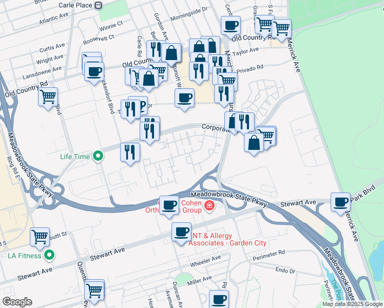 map of restaurants, bars, coffee shops, grocery stores, and more near 278 Roosevelt Way in Westbury