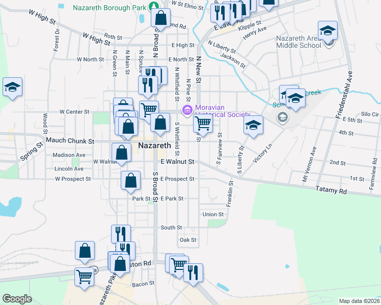 map of restaurants, bars, coffee shops, grocery stores, and more near 126 South New Street in Nazareth