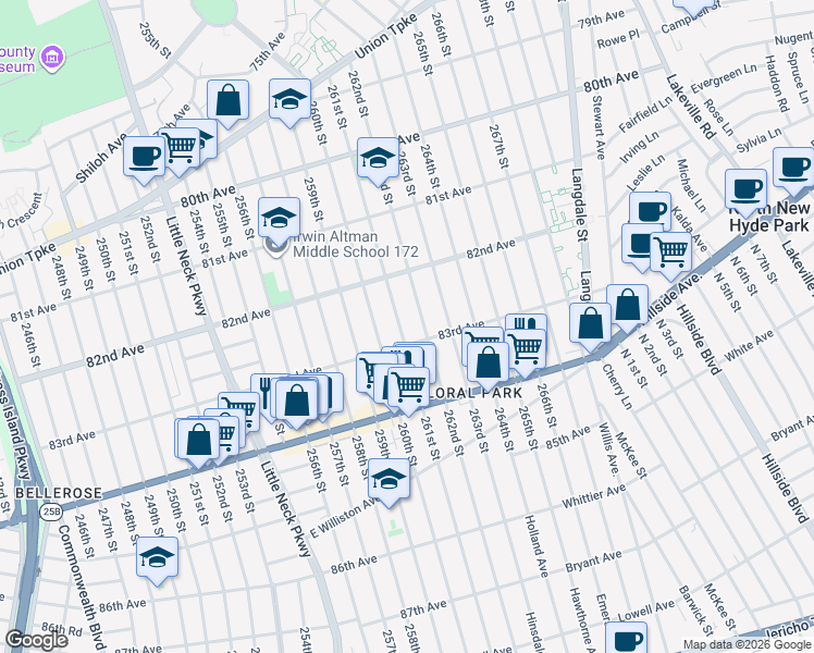 map of restaurants, bars, coffee shops, grocery stores, and more near 82-46 261st Street in Queens