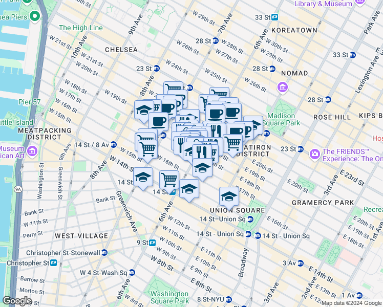 map of restaurants, bars, coffee shops, grocery stores, and more near 100 West 18th Street in New York