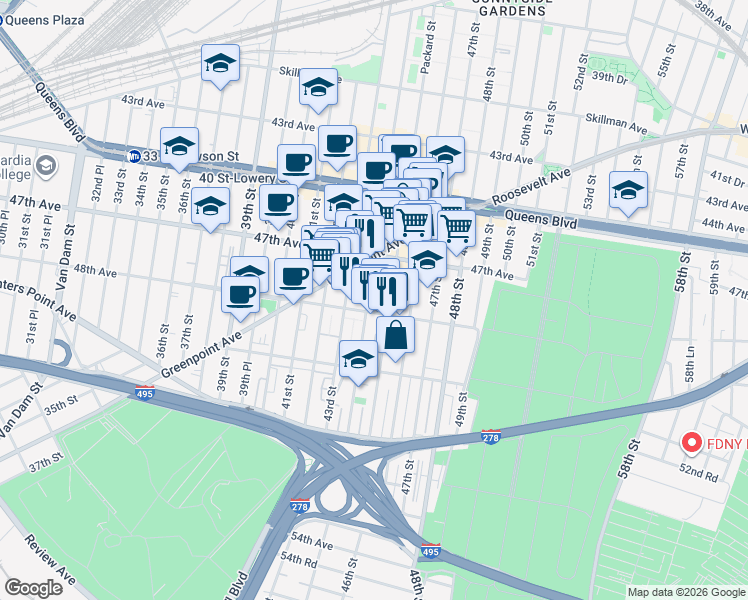map of restaurants, bars, coffee shops, grocery stores, and more near 47-46 44th Street in Queens