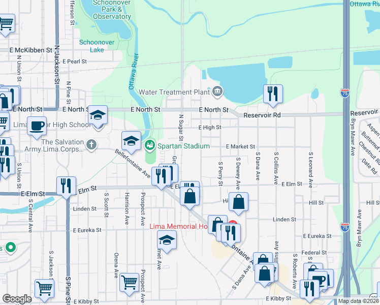 map of restaurants, bars, coffee shops, grocery stores, and more near 1016 East Market Street in Lima