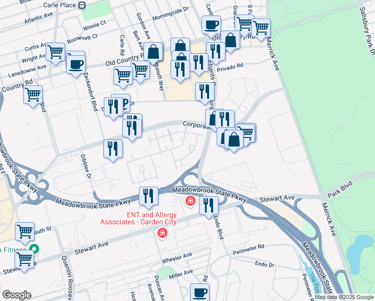 map of restaurants, bars, coffee shops, grocery stores, and more near 485 Pacing Way in Uniondale