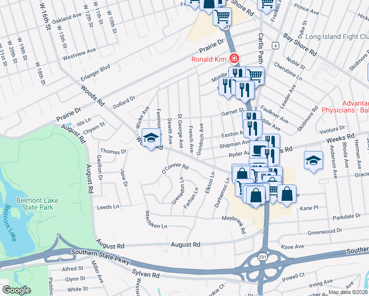 map of restaurants, bars, coffee shops, grocery stores, and more near 595 Saint George Avenue in North Babylon