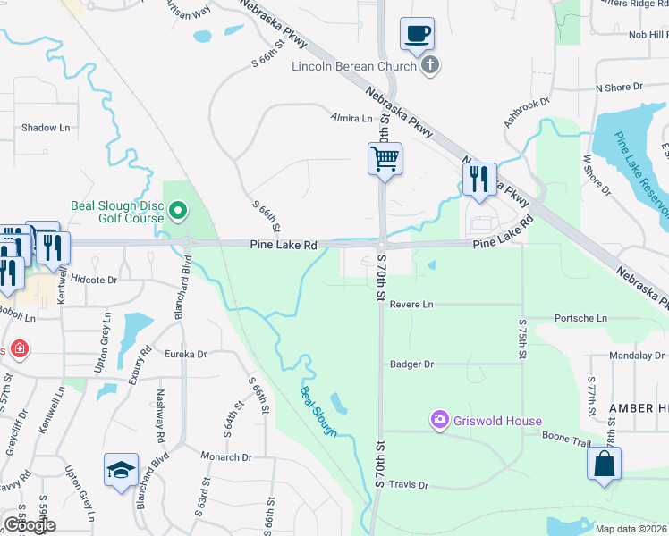 map of restaurants, bars, coffee shops, grocery stores, and more near 6909 Pine Lake Road in Lincoln