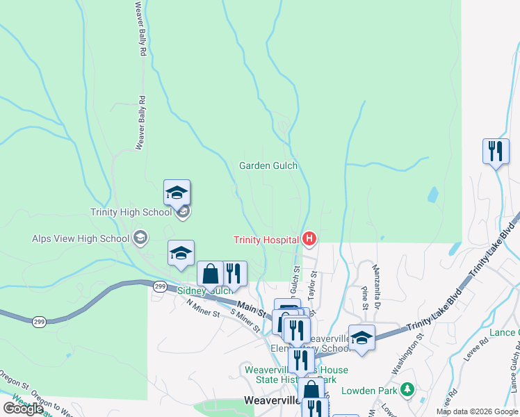 map of restaurants, bars, coffee shops, grocery stores, and more near 300-326 Ridge Road in Weaverville