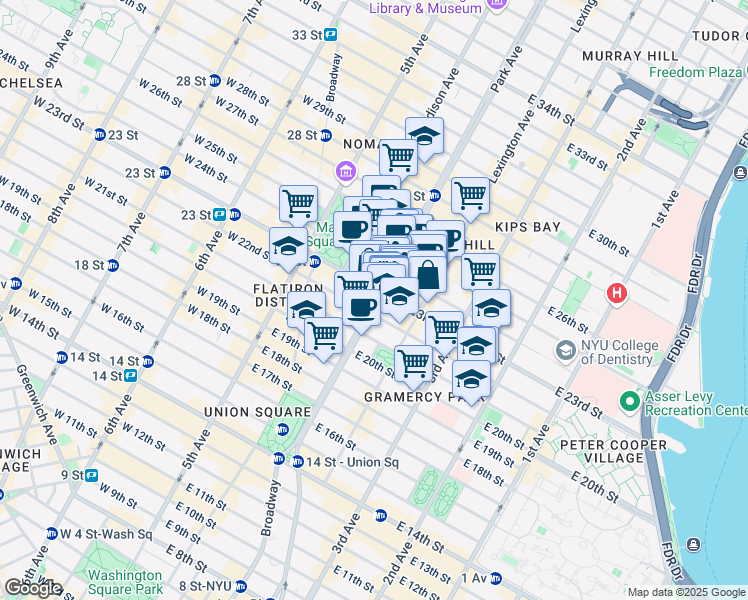 map of restaurants, bars, coffee shops, grocery stores, and more near 300 Park Avenue South in New York