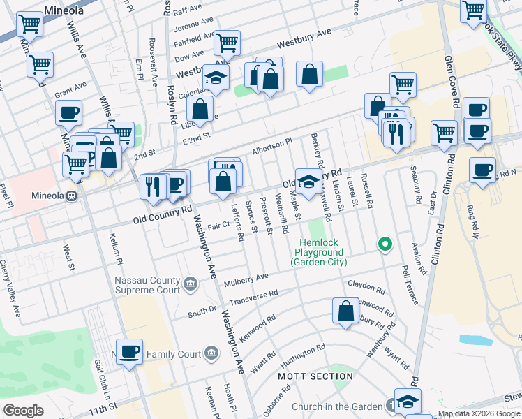 map of restaurants, bars, coffee shops, grocery stores, and more near 42 Prescott Street in Garden City