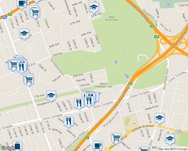 map of restaurants, bars, coffee shops, grocery stores, and more near 226-11 76th Road in Queens