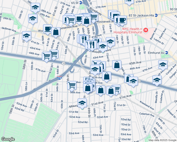 map of restaurants, bars, coffee shops, grocery stores, and more near in Queens