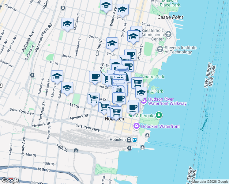 map of restaurants, bars, coffee shops, grocery stores, and more near 235 Bloomfield Street in Hoboken