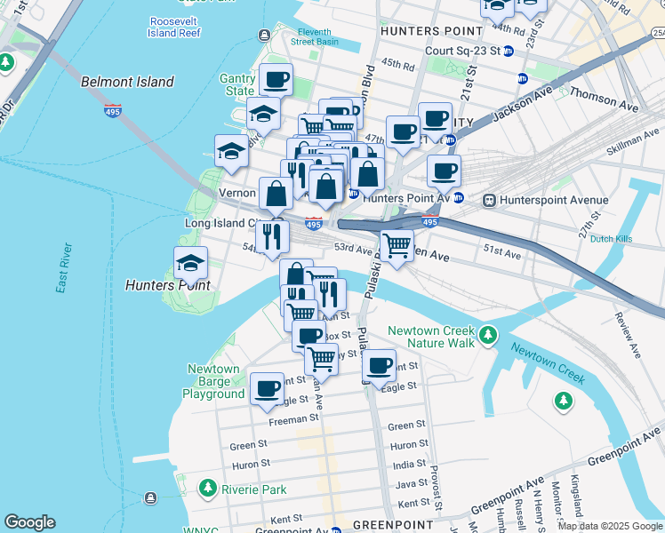 map of restaurants, bars, coffee shops, grocery stores, and more near 53-21 Vernon Boulevard in Queens