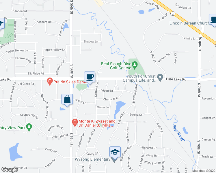 map of restaurants, bars, coffee shops, grocery stores, and more near 7042 Straffan Place in Lincoln