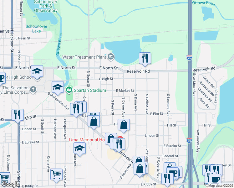 map of restaurants, bars, coffee shops, grocery stores, and more near 1212 East Market Street in Lima