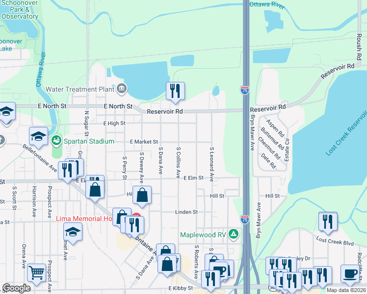 map of restaurants, bars, coffee shops, grocery stores, and more near 1504 East Market Street in Lima