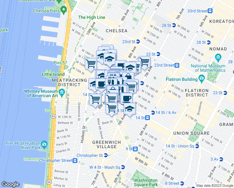 map of restaurants, bars, coffee shops, grocery stores, and more near 250 West 15th Street in New York