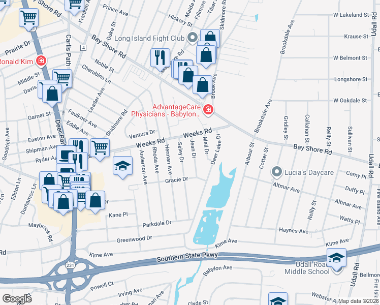 map of restaurants, bars, coffee shops, grocery stores, and more near 95 Seley Drive in North Babylon