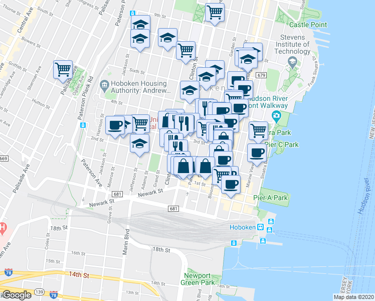 map of restaurants, bars, coffee shops, grocery stores, and more near 214 Willow Avenue in Hoboken