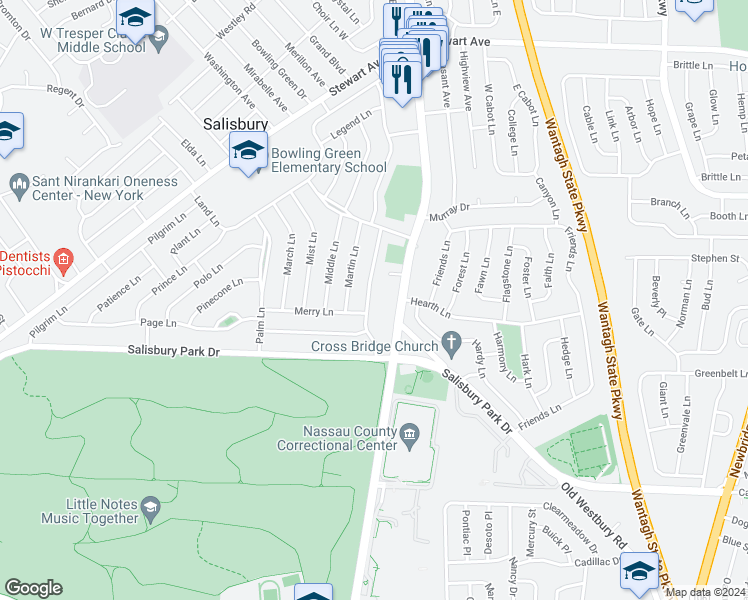map of restaurants, bars, coffee shops, grocery stores, and more near 41 Mellow Lane in Westbury
