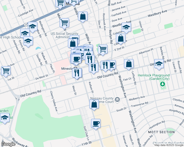 map of restaurants, bars, coffee shops, grocery stores, and more near 176 3rd Street in Mineola