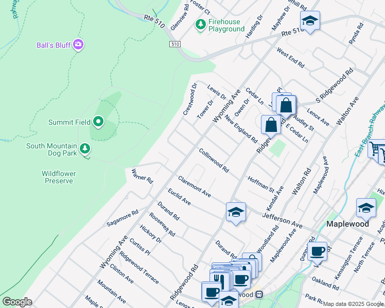 map of restaurants, bars, coffee shops, grocery stores, and more near 193 Wyoming Avenue in Maplewood