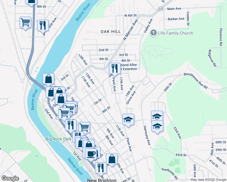map of restaurants, bars, coffee shops, grocery stores, and more near 702 Penn Avenue in New Brighton