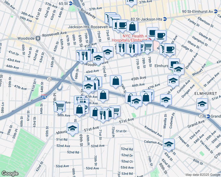 map of restaurants, bars, coffee shops, grocery stores, and more near 70-65 Queens Boulevard in Queens